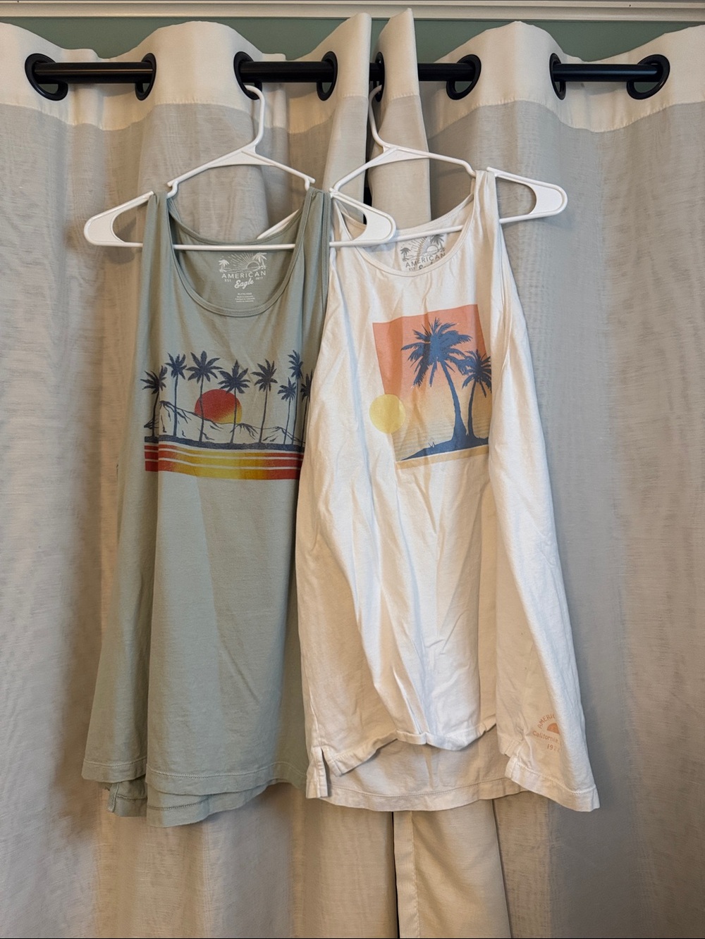American Eagle Outfitters Palm Sunset Tank Tops - Sage Green & White